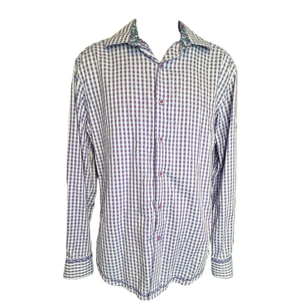 Robert Graham Men's Plaid Check Classic Fit Button-Up Shirt Purple White Medium - Picture 3 of 10